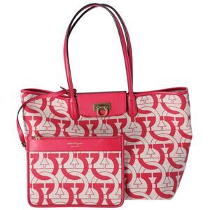 Salvatore Ferragamo Gancini Tote Bag Beige Red Canvas Leather